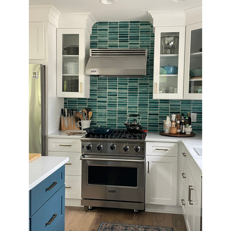 Maya Polished Glass Mosaic, Stacked Aqua