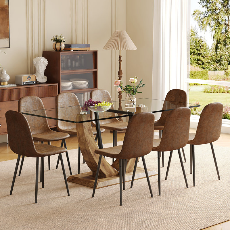 Modern 9-Piece Dining Table Set, 71'' Glass Table with 8 Upholstered Chairs, Rectangular Kitchen Furniture for Space Saving
