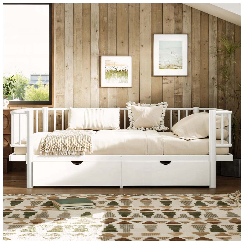 Lit plateforme avec tiroirs de rangement, Blanc clair, Lit double