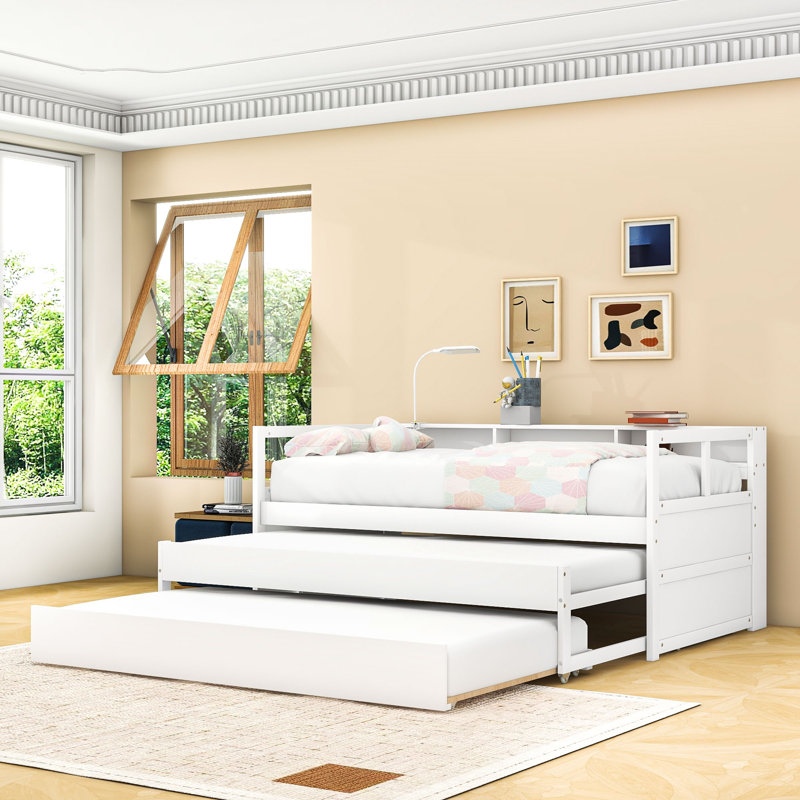 Lit de jour simple en bois XL avec 2 gigognes simples, tablettes, lumière et ports USB, Blanc