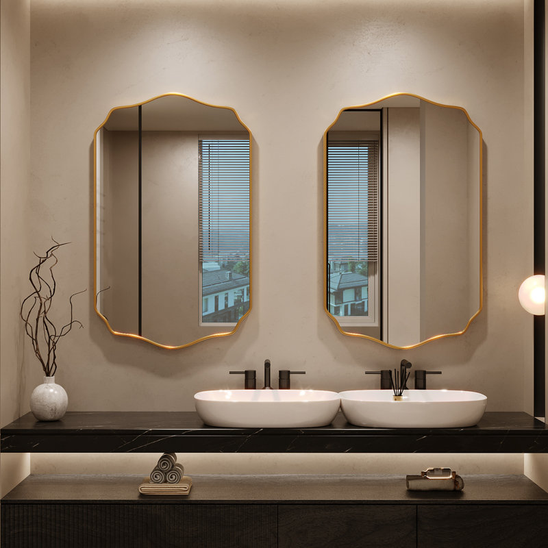 Scalloped Mirror Irregular Wall Mirror Unique Rectangle Mirrors for Bathroom，Entryway, Gold, 36" x 24"
