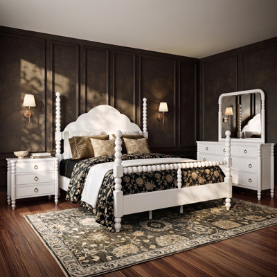 Coulson 4-Piece Bedroom Set: Queen Poster Bed with 3 Interchangeable Post Heights, Dresser, Mirror and Nightstand, White Finish