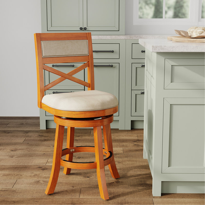 Tabouret de 24 po de hauteur comptoir avec finition naturelle et empiècement en tissu beige - Élégant siège moelleux et confortable