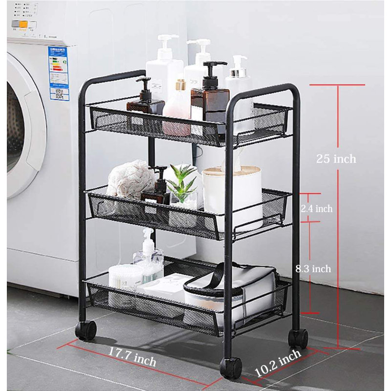 Sturdy 3-Tier Rolling Storage Cart With Mesh Trays, Carbon Steel, 17.7''W X 10.2''D X 24.8''H, Black, For Indoor Use