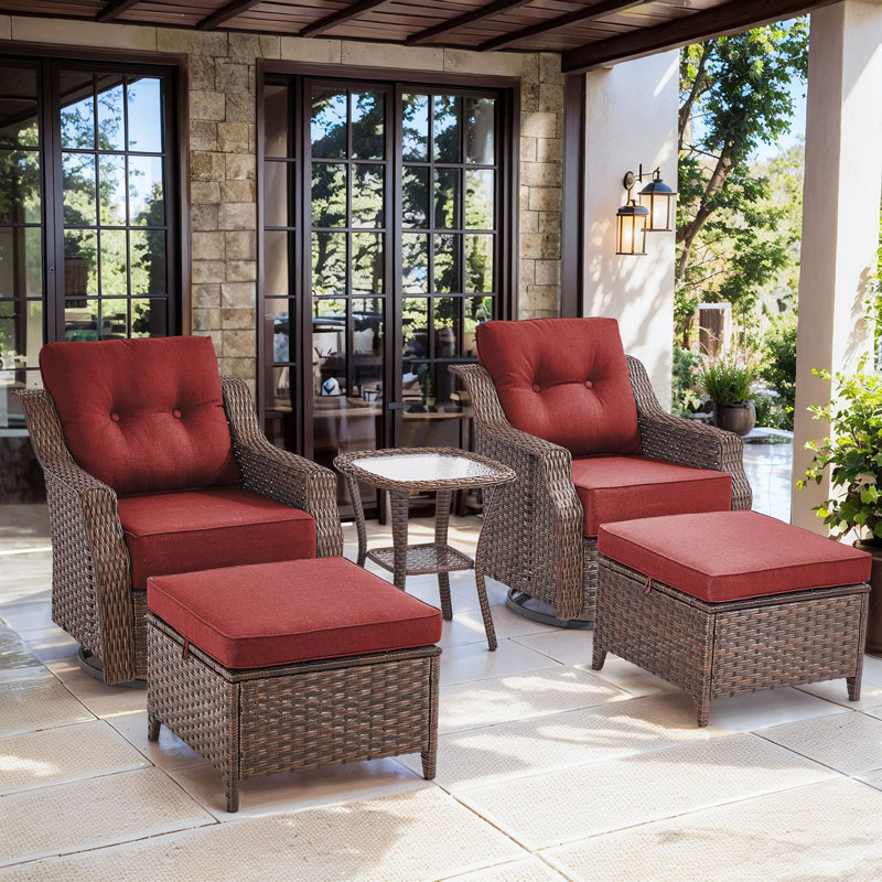 Elona 5 Piece Outdoor Wicker Swivel Glide Chair Set with Cushions, Red