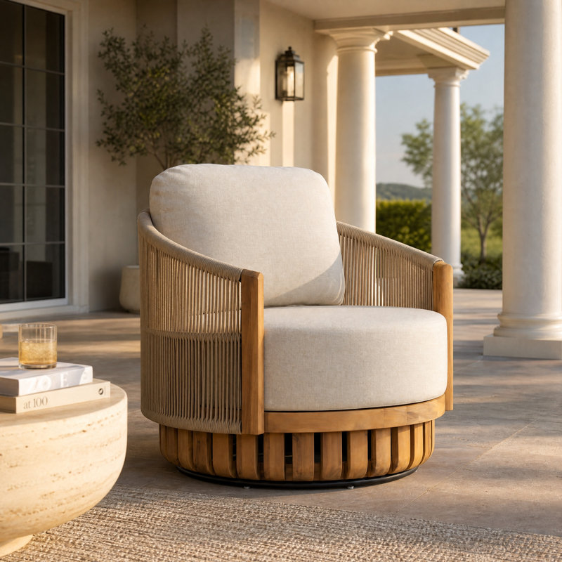Fauteuil de jardin pivotant à 360° Cavan en bois d'acacia moderne, avec corde métallique tressée à la main, dossier arrondi et coussin moelleux