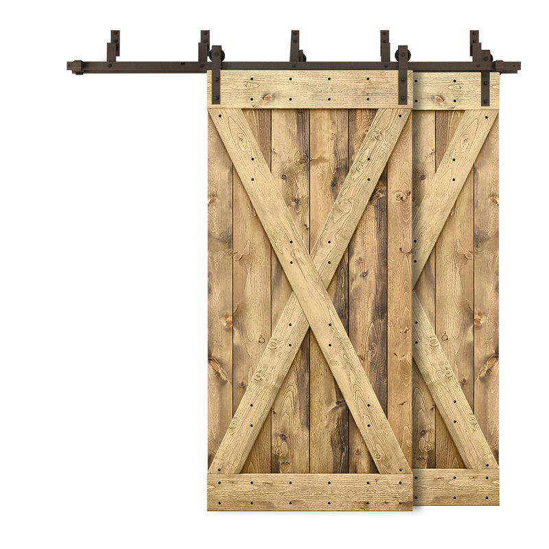 Porte de grange double à panneaux en bois teinté à panneau avec ensemble de quincaillerie coulissante, Chêne vieilli