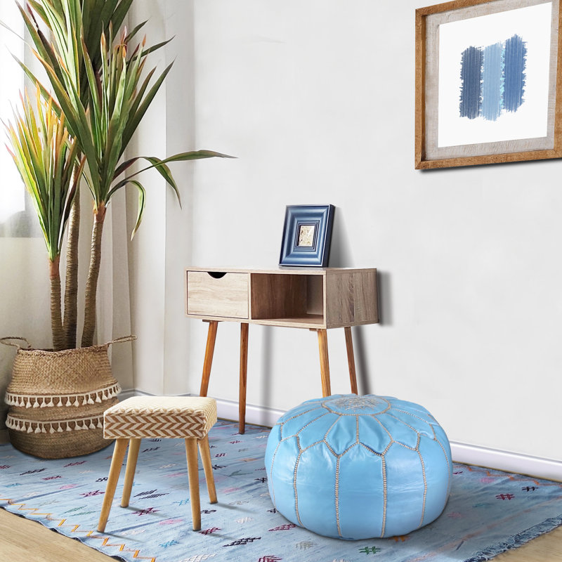 Leather Pouf, Sky Blue Genuine Leather