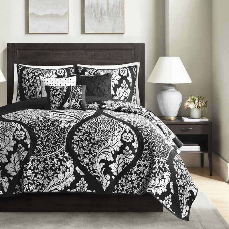 Courtepointe pour très grand lit / très grand lit 6 pièces, mélange de coton complexe, réversible, coussins décoratifs brodés, facile d'entretien avec coussin très grand, coussins en coton noir
