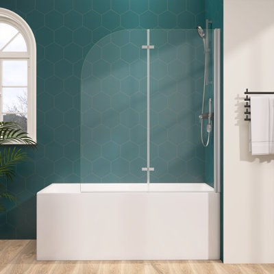 48'' W x 58'' H Frameless Pivot Bifold Shower Door Hinged Walk-in Bathtub Tempered Glass Tub Door with Support Bar
