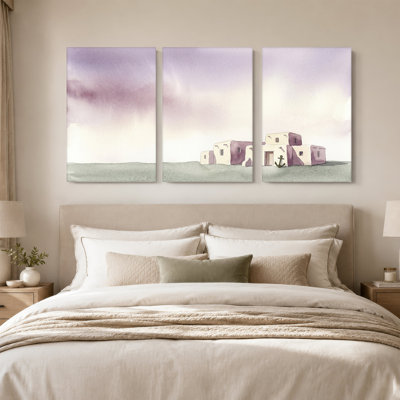 «White Adobe Buildings Under Purple Sky» avec ancre verte, ensemble de 3 toiles