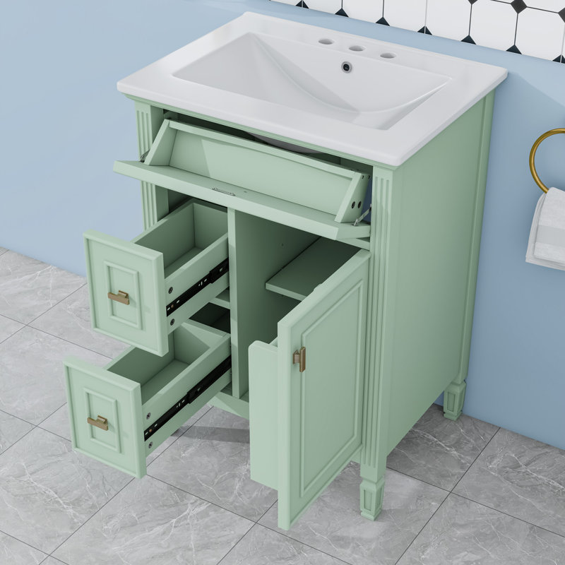 Meuble-lavabo autoportant moderne avec lavabo en céramique, tablette réglable et grand espace de rangement, Vert