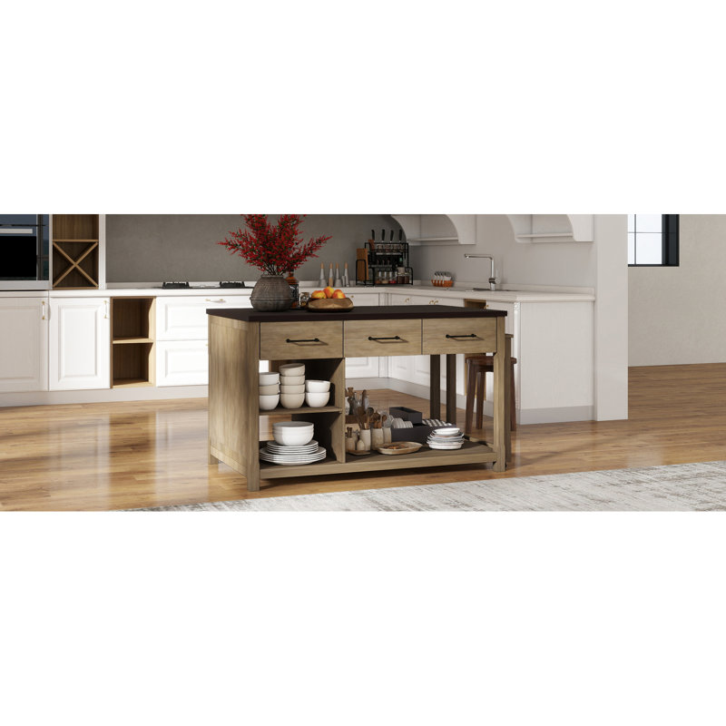 Îlot de cuisine multifonctionnel avec prises de courant, surface extensible et rangement de tiroir (+ tiroirs de chariot extensibles naturels, rétro intégré
