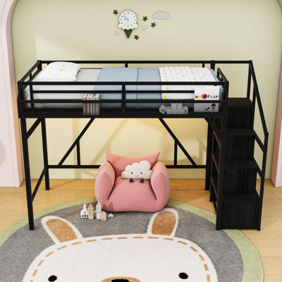 Metal Loft Bed with Storage Stairs, Open Wardrobe, Shelves, USB Ports and LED Lights