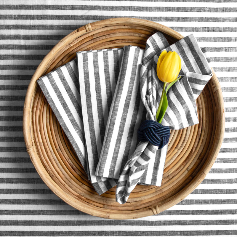 Amalfi Stripe - 100% Pure Linen Dinner Napkins, Black/White