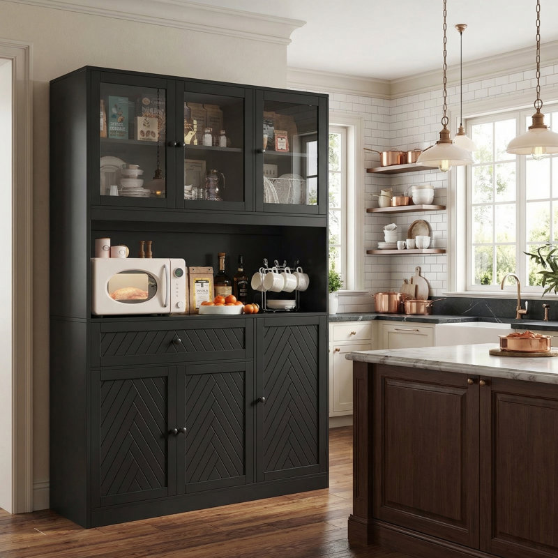 Kirklyn 72.2" H Manufactured Wood Pantry Cabinet, Black
