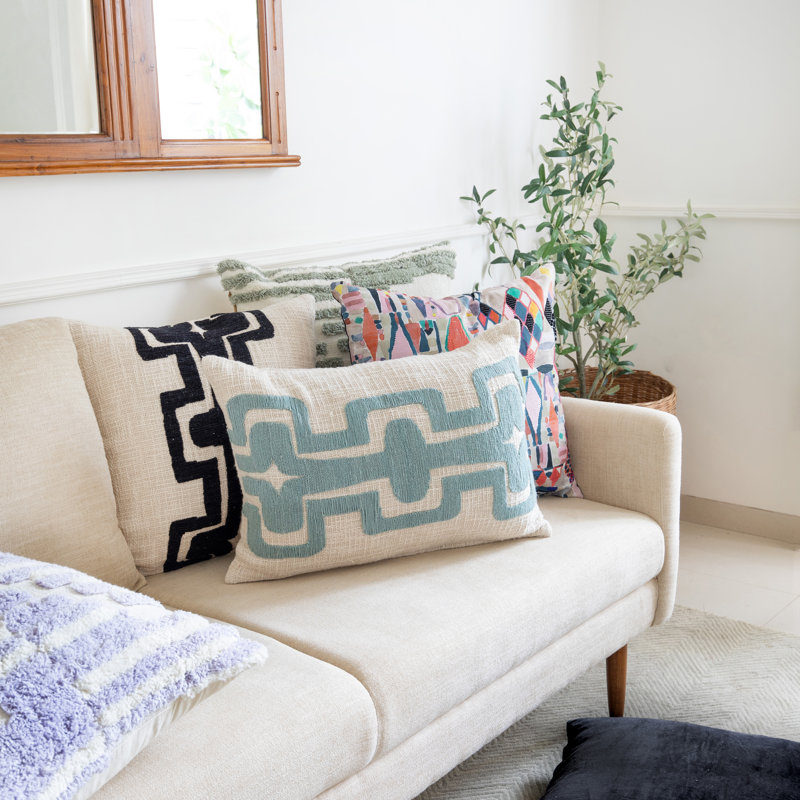 Ocean Blue and Ivory Geometric Embroidered Rectangular Throw Pillow Set
