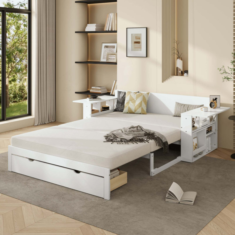 Daybed With Removable Desk, Storage Drawers & Hydraulic Side Table, Full, White