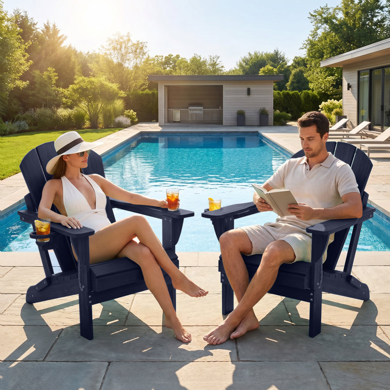 Outdoor Adirondack Chair Set Weather-Resistant HDPE Foldable Patio Chair Fire Pit Chair with Cup Holder, Dark Navy Blue