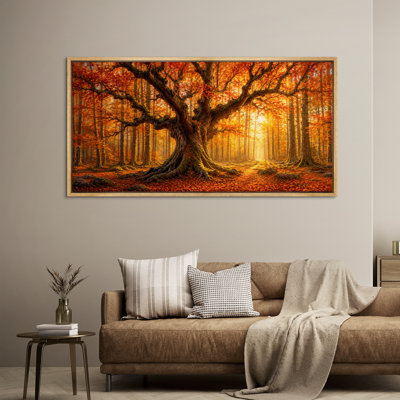 Golden Autumn Forest Giant Tree Nature Landscape Wall Decor - Large Framed Canvas Master Bedroom Wall Art Print