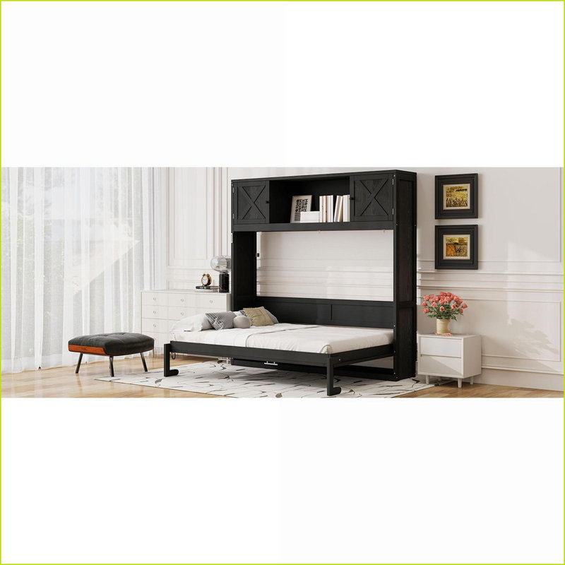 Bois de pin pleine grandeur Lit escamotable en panneau de fibres à densité moyenne avec armoires de rangement - noir, peu encombrant pour les chambres d'amis