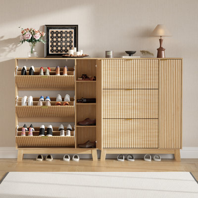 Armoire à chaussures cannelée avec 3 tiroirs rabattables et armoire latérale, rangement autoportant étroit pour porte d'entrée avant (ensemble de 2