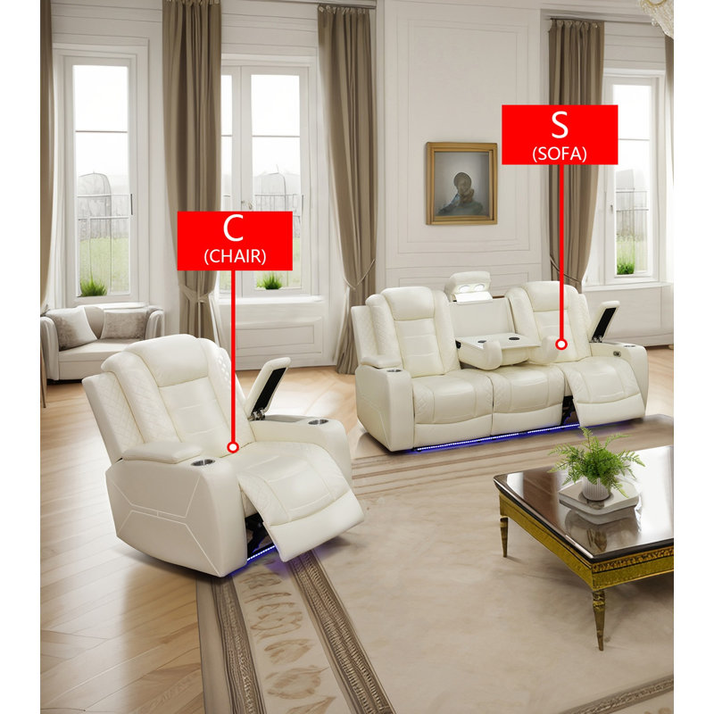 Ensemble de fauteuil inclinable électrique de salon en cuir 2 pièces, canapé et fauteuil, Crème