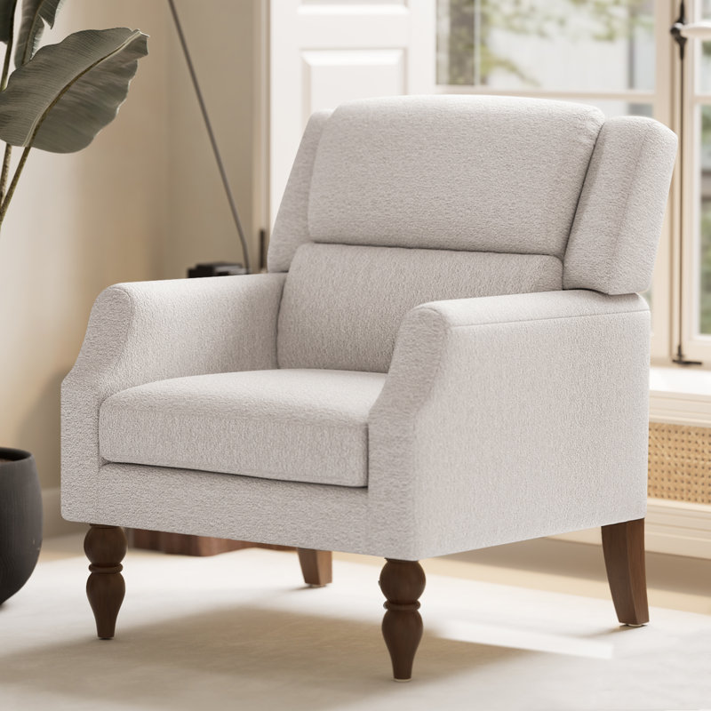 Fauteuil à oreilles rembourré Mid-Century avec pieds en bois massif, Beige Boucle