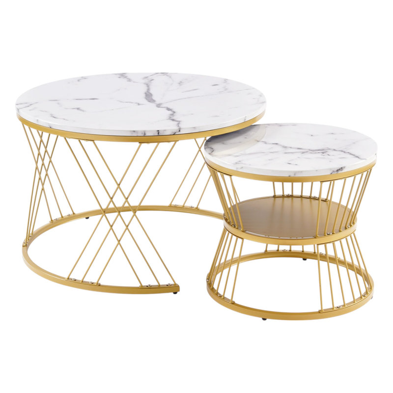 Amahya Frame Coffee Table with Storage, Gold, White Marble
