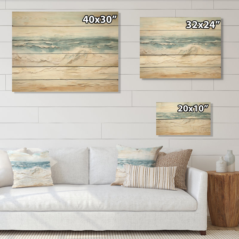 Beige et bleu plage tranquillité - art mural bois de plage côtière sur bois de pin naturel, H 10 po x l 20 po
