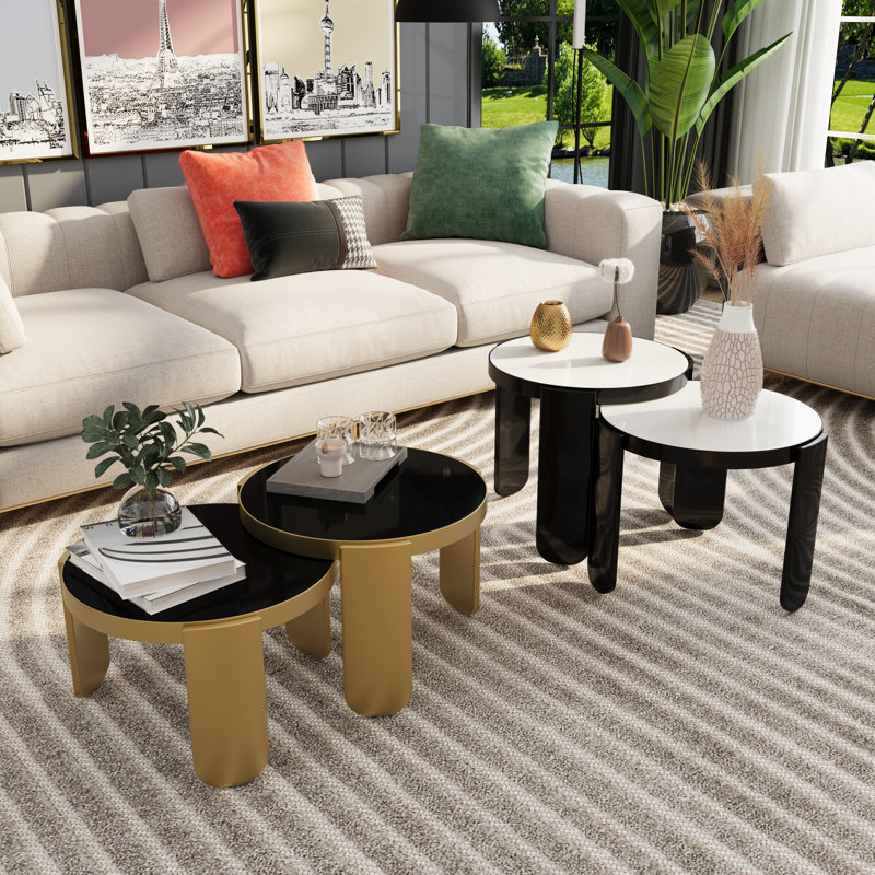 Brass 4 In 1 Self-Defined Nesting Round Coffee Table/End Table, Black/Brass