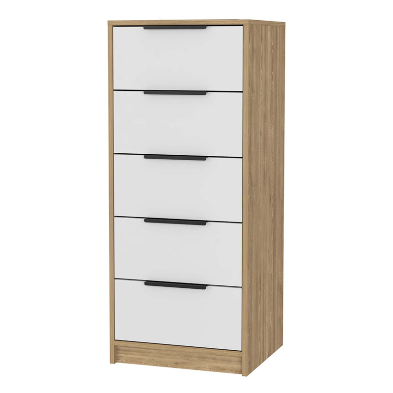 Commode 5 tiroirs, commode verticale, Naturel / Blanc