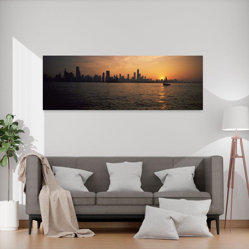 Silhouette de bâtiments au bord de l'eau, jetée marine, Chicago, Illinois, paysage urbain abstrait, art mural