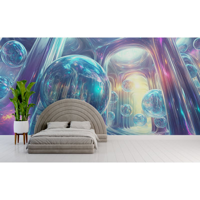Futuristic Glass Orbs Fantasy Wallpaper – Colorful Dreamlike Sci-Fi Crystal Bubble Room Mural For Modern Bedroom, Gaming Room Or Unique Accent Wall Decor