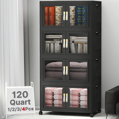 4-Tier Black Foldable Storage Bins with Lid & Wheels