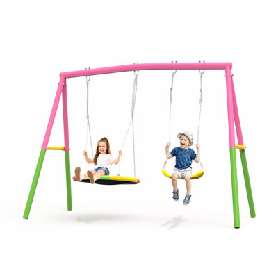 Heavy-Duty Metal Swing Set for Backyard, 440lbs Capacity Outdoor Swing Stand with Saucer Swing & Belt Seat, ASTM Certified for Kids and Adults