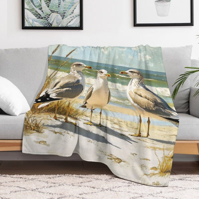 Three Seagulls on Sunny Beach Luxury Flannel Throw Blanket, Soft Warm Fuzzy Blanket for Living Room Sofa Bed Home Decor