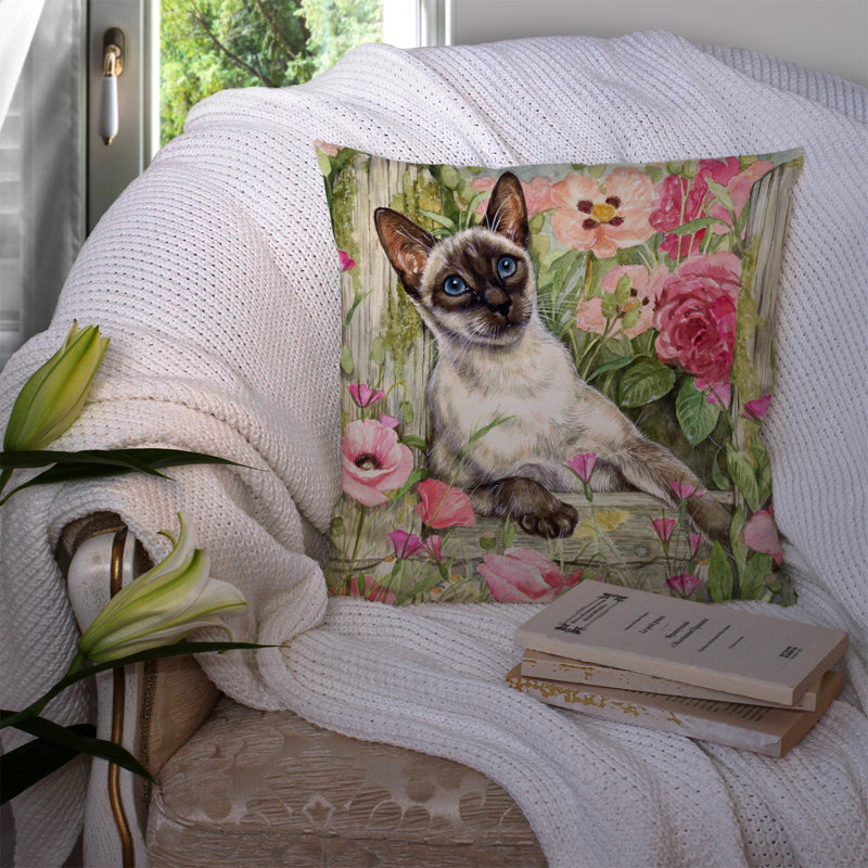  Coussin 14 "chat siamois dans les roses, 14 po x 14 po