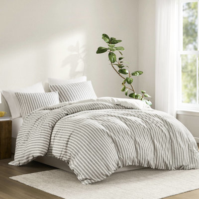 Housse de couette pour grand lit brun clair 3 pièces, tissu naturel avec attrait en lin, respirant et confortable, attaches de coin - tissu de rayonne de coton, rayure douce et classique