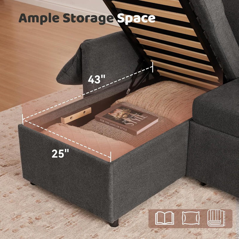 83''W Chenille Convertible L Shape Sectional Sleeper Sofa With USB And Storage, Dark Gray Polyester Blend