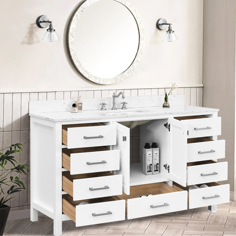 Meuble-lavabo de 60 po avec structure en bois massif, fermeture en douceur, conception moderne pour base améliorée