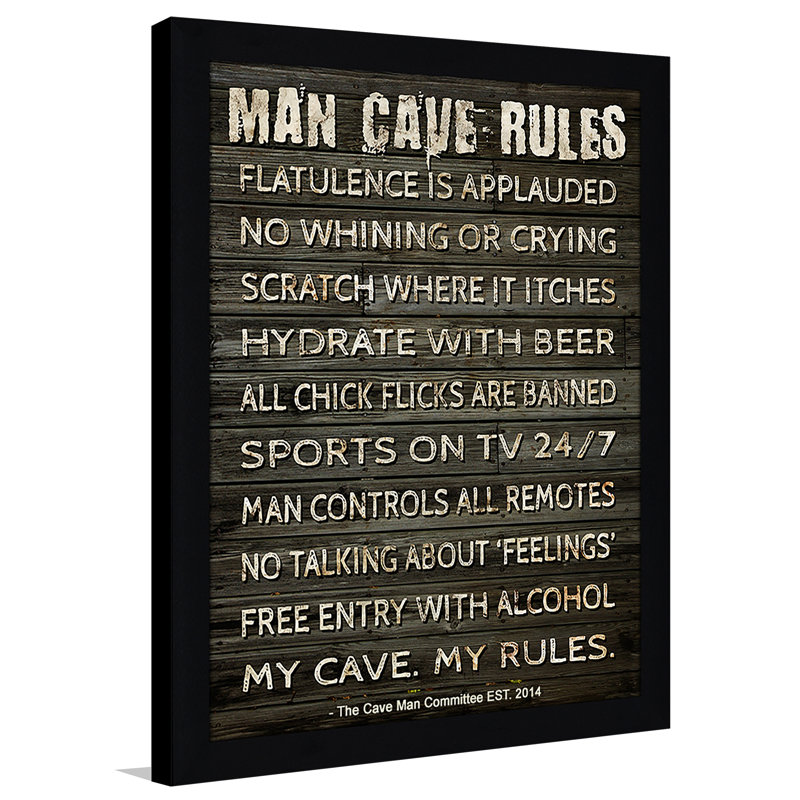 « man cave rules i », art textuel encadré, H 37,5 po x l 25,5 po x P 1 po