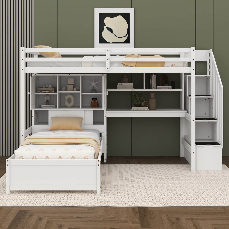  Lit mezzanine simple au-dessus de simple Karanfila avec bureau intégré et escalier, avec compartiments de rangement et tablettes