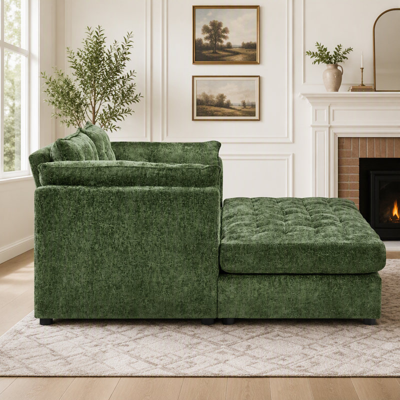Canapé méridienne surdimensionné de 139 cm avec accoudoirs, coussins et tissu chenille, Chenille verte