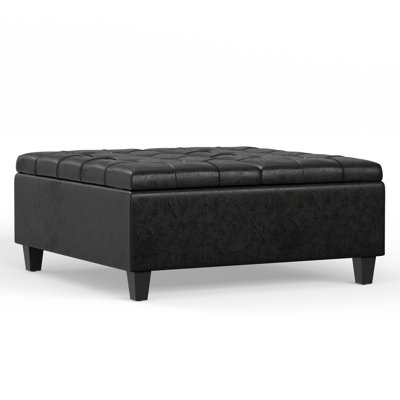 Harrison 36"W Upholstered Vegan Leather Transitional Square Lift-Top Ottoman with Hidden Storage