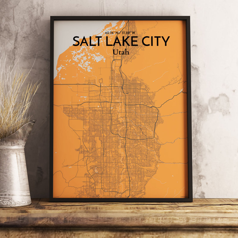 « Salt Lake City Map », impression d’art graphique orange, H 17 po x l 11 po x P 0,05 po