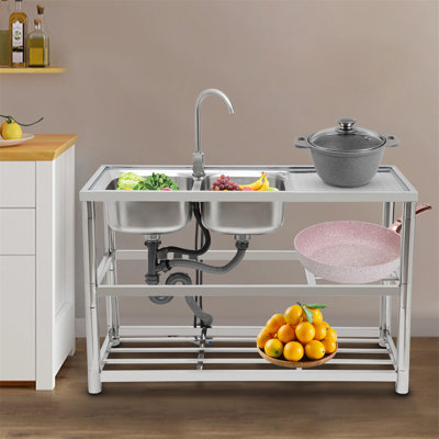 Free Standing Commercial Stainless Steel Kitchen Sink with Faucet and Pipes
