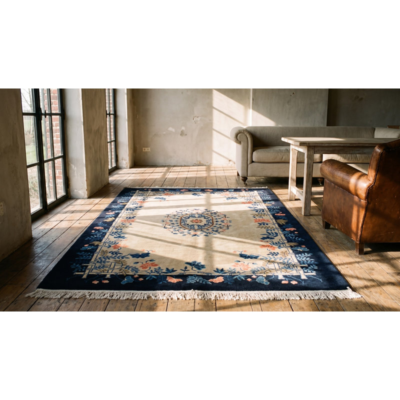 Small Ivory Cream Color Antique Artistic Open Field Floral Medallion Chinese Peking Rug
