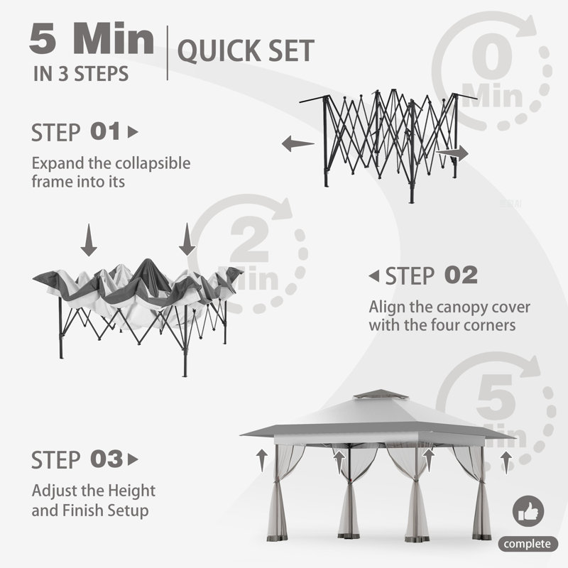 13 Ft. W X 13 Ft. D Metal Pop-up Gazebo With Mosquito Netting, Light Gray