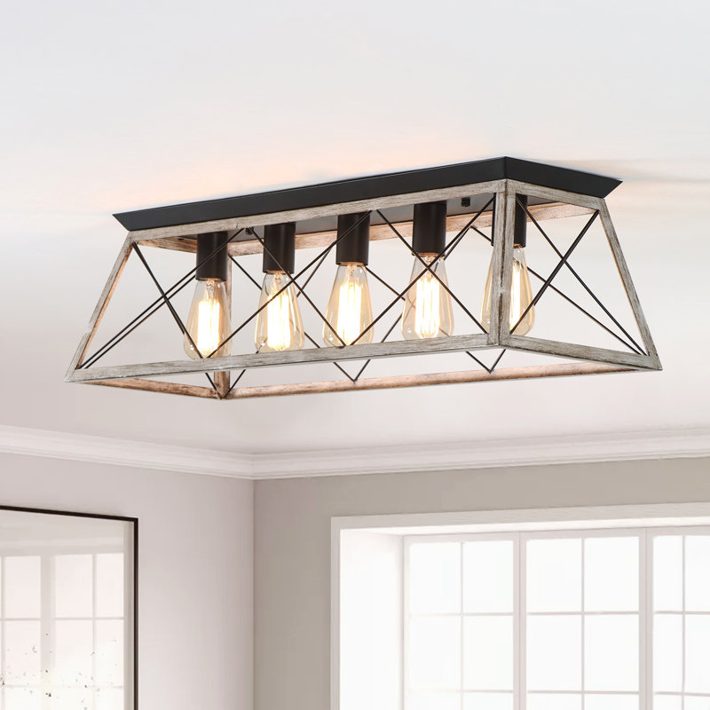 Ciarrai 5-Light Flush Mount Rectangular Ceiling Vintage Farmhouse Style, Oak White/Black